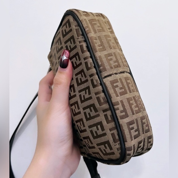 FENDI Hand Bag Tote FF Zucchino Pouch Purse Canvas Leather Brown Authentic - Picture 12 of 17